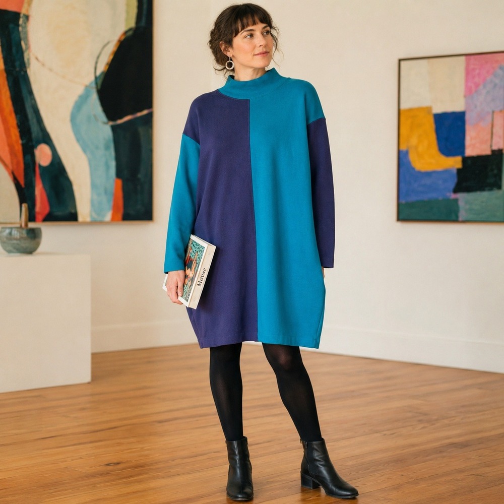 Vintage 90s Britches Great Outdoors Colorblock Sweatshirt Dress M Teal Blue